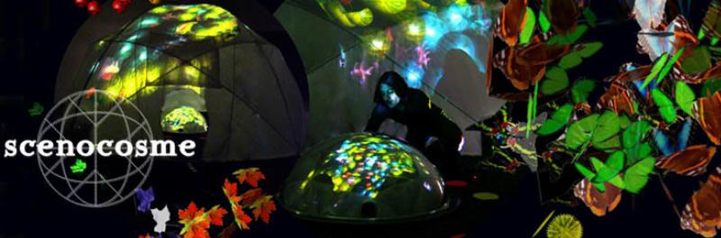 Une installation d'art numérique interactive futuriste dans un espace public en France, avec des personnes interagissant avec des projections lumineuses